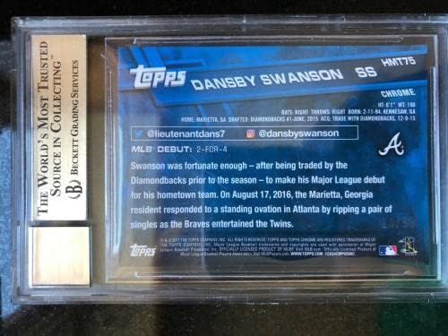 Dansby Swanson Autograpted 2017 Topps Chrome Gold Refractor /50 Auto BGS 10 - Автограмирани картички за безбол