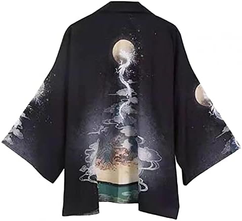 XXBR Јапонски кимоно кардиган за мажи Отворен фронт драпиран 3/4 ракав Ukiyoe Dragon Printed Lightweight Beach Casual Cloak Match со