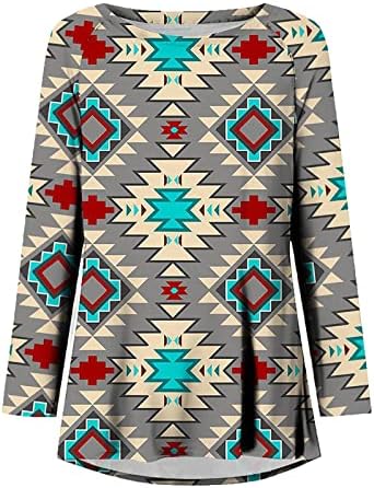 Долги кошули на Ацтеките за жени западни етнички графички врвови за туника да ги носат со хеланки со долг ракав лабав фит блуза врв