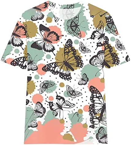 Женска симпатична шарена маица со пеперутка лето кратка ракав тркалезен блок во боја на вратот на врвовите на природата