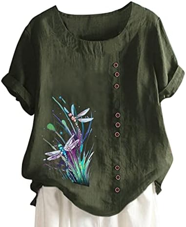 Летните жени со краток ракав памучен постелнина Туника Туника 2023 Цвеќиња Трендовски торбички маици со копче случајно плус големина блуза