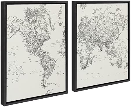 Кејт и Лорел Силви Гроздобер црно -бел светски мапа врамени постелнина платно wallидна уметност поставена од студиото Creative