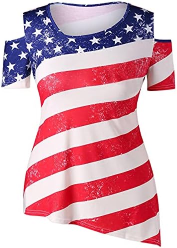 Денот на независноста на жените ладни маици на рамото на 4 -ти јули Американско знаме го врви летото кратки ракави Неправилна кошула