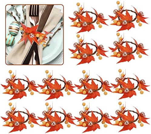 Денот на благодарноста на салфетка прстени Декорација 12 парчиња, vestетва јавор лист портокалова бобинки рачно изработени држачи