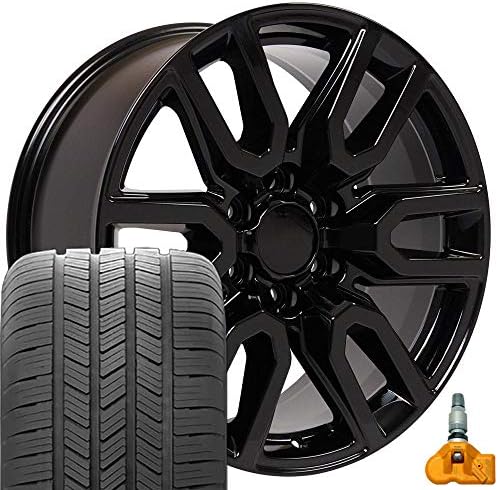 OE Wheels LLC 20 инчи бандажи одговара на Sierra CV36 Black 20X9 венчиња и гуми за Goodyear со TPMS Set
