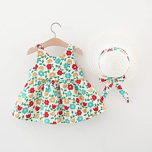 Летен фустан за новороденче за новороденчиња бебе девојчиња цветни печати за печатење А-линија фустани без ракави без ракави + капа 2 парчиња