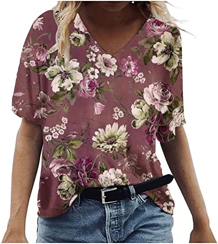Памучна маичка за кратки ракави за девојчиња 2023 Vneck Flower Graphic Loose Fit Gurversive Rexlated Fit Casual Tee 6K