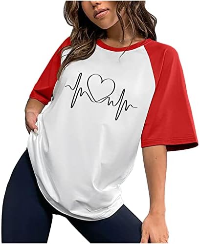 Women'sенски маица екипа вратот лабав вклопување во боја блок 2023 Обичен моден летен краток ракав блуза блуза за печатење на мајки