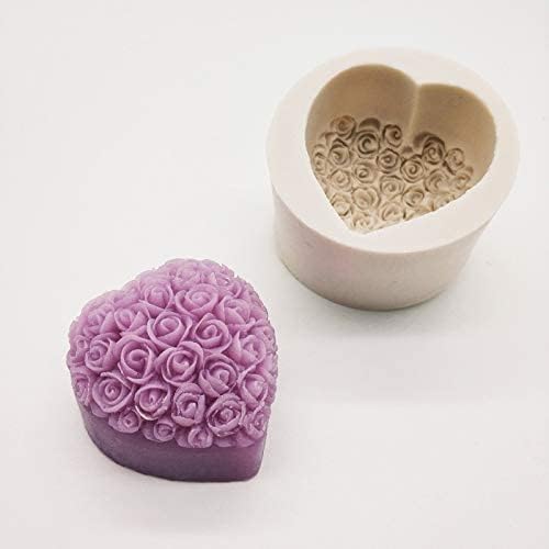 Allinlove 4 пакет 3D облик на срцев облик Фондант силиконски калапи цвеќиња занает уметност роза силиконски сапун калапи за свеќички