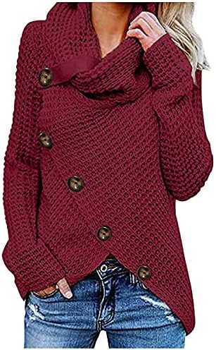 Женски женски пулвер џемпер врвови паѓаат топло плетено кошули копче асиметрични обични џемпери со долги ракави со долги ракави