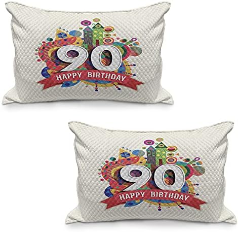 Ambesonne 90 -ти роденден ватирана перница, фанки поп -стил геометриски забавни слави