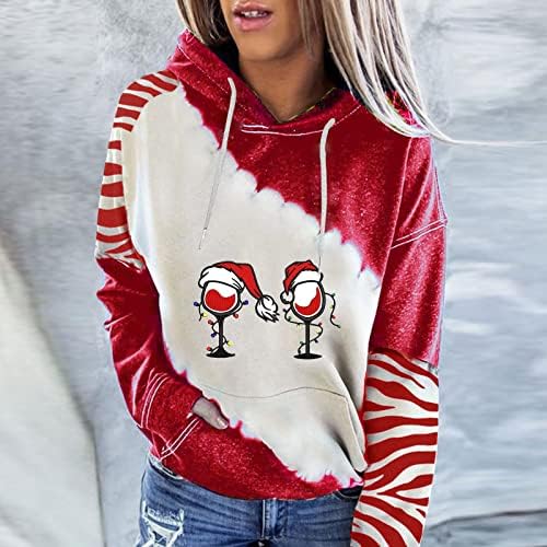 Xiloccer Најдобри дами Божиќна кошула женска Божиќна печатена боја блок во боја со аспиратор со долги ракави пулвер, обичен џемпер на врвот на