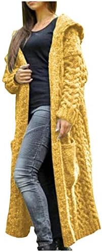 Долг џемпер, женски бучен плетен кабел кардиган топла зимска трикотажа пријатна цврста плетена ребра качулка со џеб