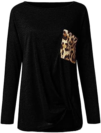 Womenените врвови удобни обични долги ракави за џемпер на џемпер, Туника Туника, леопард, печатен џеб пулвер, блуза од блузи, маички
