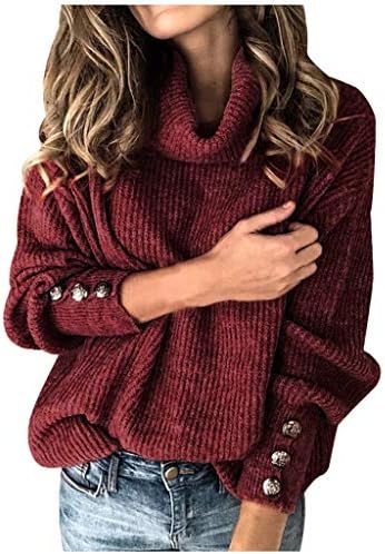 Ymosrh женски џемпер за џемпер со тортинг копче со долг ракав лабав плетен џемпер врвови џемпери