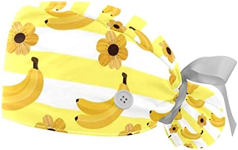 2 парчиња прилагодливо работно капаче со копчиња и вратоврска за ленти за жени долга коса, летна шема на банана