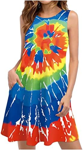 PVCS женски фустани летен резервоар фустан бохо цветен фустан без ракав пролетен фустан проток на лежерен фустан со џебови со џебови