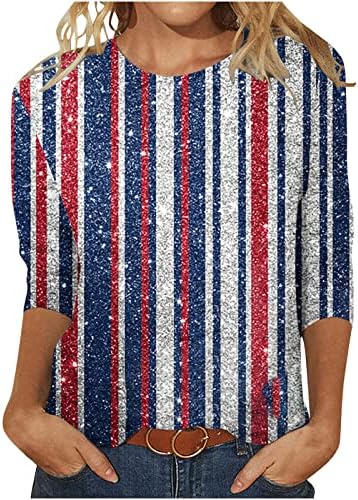 Tuianres Womens America Flag Blag Mirts 2023 Трендовски starsвезди ленти патриотска маичка со маички 3/4 ракав Денот на независноста маица