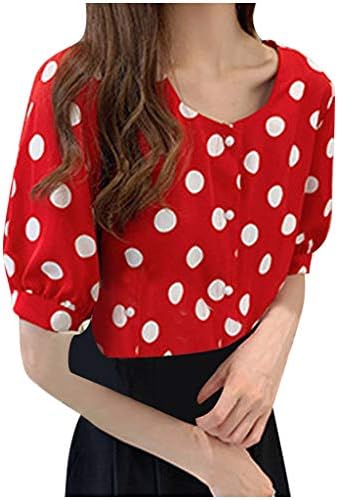 Модни жени обични кратки ракави Полка точка О-вратот Обични врвови на копчињата со копчиња женски маици
