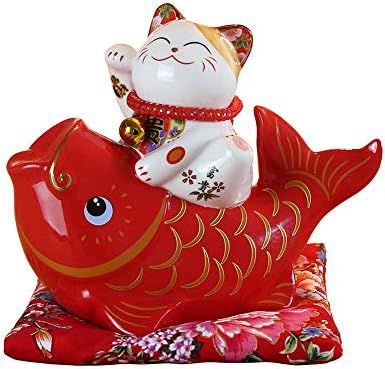 Gvuha Кинески Фенг Шуи бел керамика среќа мачка фигура Манеки неко Fortune Cat Money Box Среќа шарм свинче банка мачка и риба, бела