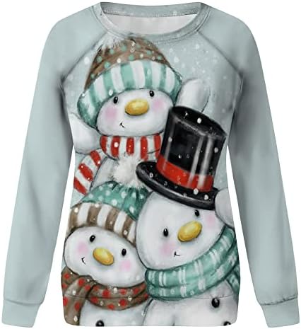 Xiaojmake Women Christmas Snowman Pulverover обичен тркалезен врат со долги ракави џемпери во боја на блуза од блузи врвови кошула кошула