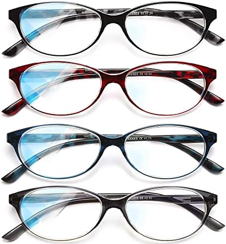 Очила ЗА Читање Сина Светлина ЗА Жени Мажи - 4 Спакувајте Овални Читатели Со Пролетна Шарка Против Отсјај ФИЛТЕР УВ Зраци +1,50