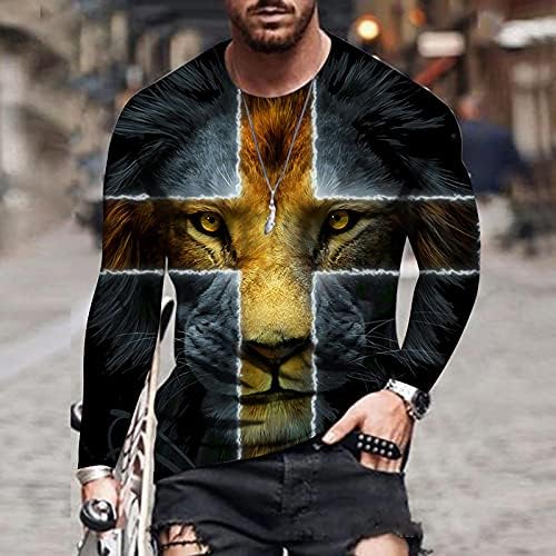 Менс спортски кошули 3Д дигитално печатење на тигар со тркалезен врат со долг ракав, фитнес -патека за фитнес, блуза лабава вклопена
