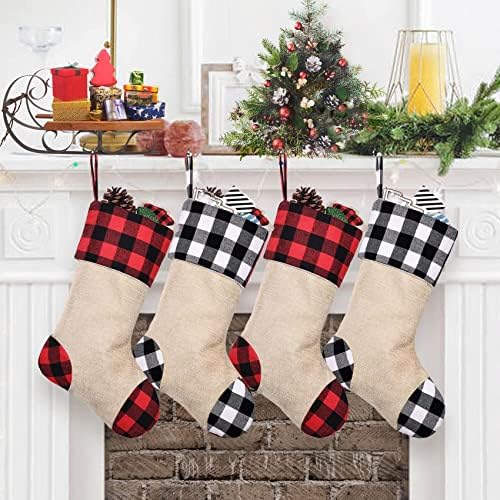 Caraknots црвена и црна бела и црна карирана божиќна чорапи за сребро за порибување за складирање на мантил од 4 Божиќни забави Декорација