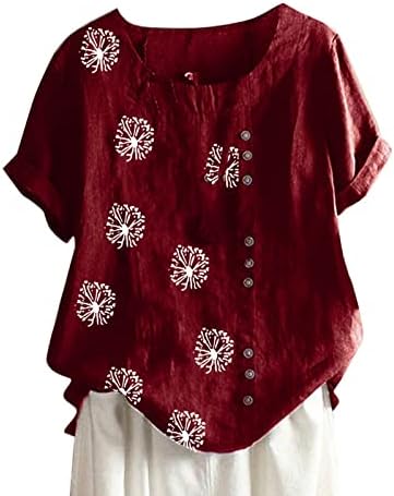 Маица за жени памучни постелнини врвови со кратки ракави со тркалезни врати, лабави обични цветни маички кошули плус блузи со големина