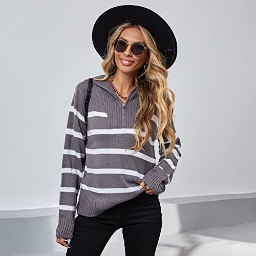 Женски половина поштенски џемпери врвови на обични ленти со јака, печати ребрести плетени пуловер џемпер џемпер со двојна блуза