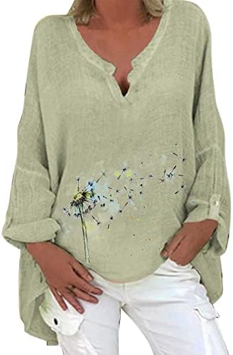 MTSDJSKF женски долги ракави врвови ленени кошули V вратот памучен блуза графичка мета удобна летна летна туника Висока низок врв