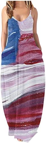 Лмдудан 4 јули Долг Фустан За Жени Сарафан Без Ракави Против Вратот Американско Знаме Печатење Денот На Независноста Макси
