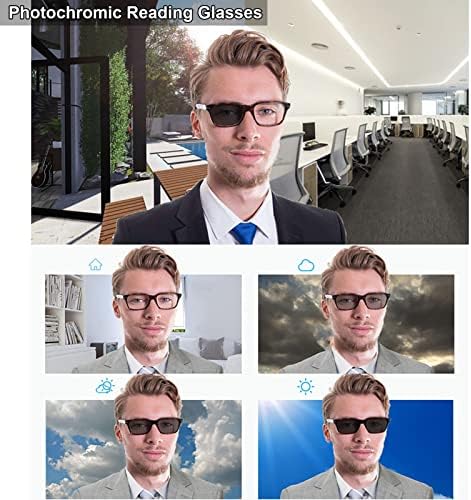 Фотохроматски прогресивни очила за читање за мажи, сина светлина блокирајќи ја металната рамка Прогресивни очила за читање на мултифокус