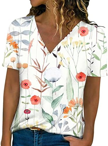 Женски цветни кошули мода V-врат цвет печатење маички кратки ракави лабави обични маички маици маици врвови