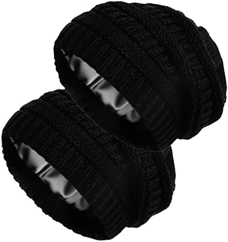2 пакувања сатенски обложени плетени капи за жени за жени зимски топол стрип кабел со кабел со сатенска свилена обвивка