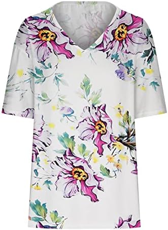 Обични блузи за девојки кратки ракави длабоки V вратот цветни графички лабави вклопки плус големина блузи кошули жени II II