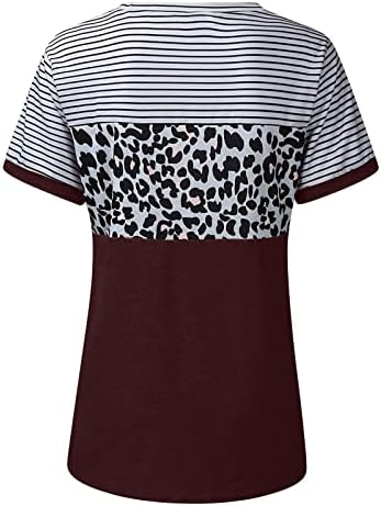 Амикадом брод вратот Спандекс маица за дами кратки ракави во боја блок од леопард печати шарени блузи маици тинејџерска девојка 2023 година