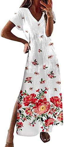 Gufesf Midi фустани за жени, женски обичен фустан краток ракав миди фустани цвеќиња печатени лабави замав со течен фустан