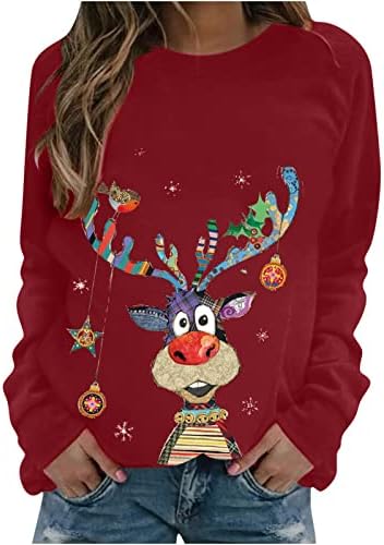 Womenените Божиќни врвови Симпатична ирваси печатена кошула пулвер случајна лабава лабава долга ракав џемпери џемпери џемпери врвни