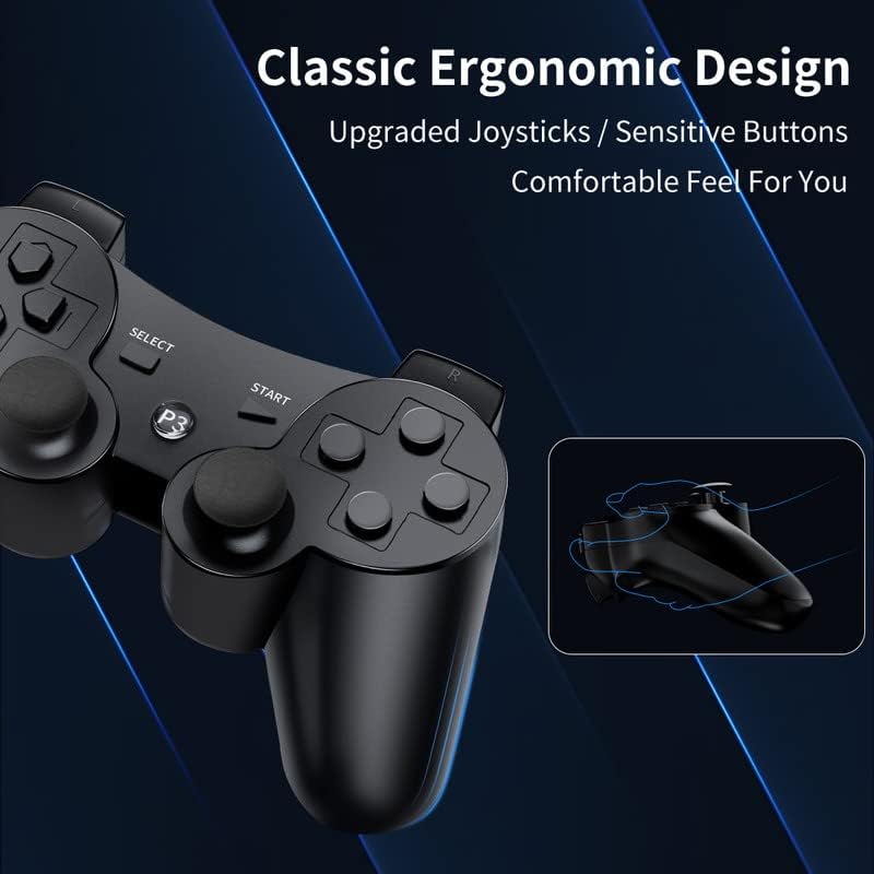 Контролер на Sunovo за PS3 контролер безжичен за PlayStation 3 Контролер безжичен за PS3 безжичен контролер за PS3 далечински управувач со сензор DoubleShock & Motion, Black + Black