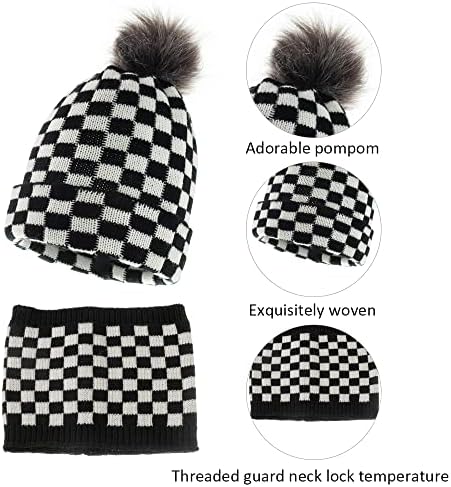 Бебе плетена капа и шал сет 2 парчиња, зимско топло карирано затегнување на бели-капа со помпом за мали деца 0-4 години