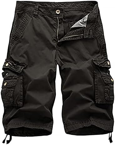 Mens Premium Twill Cargo Shorts Опуштена вклопена цврста боја на отворено во отворено панталони за лабава лабава плус големина мулти-џеб дизајн