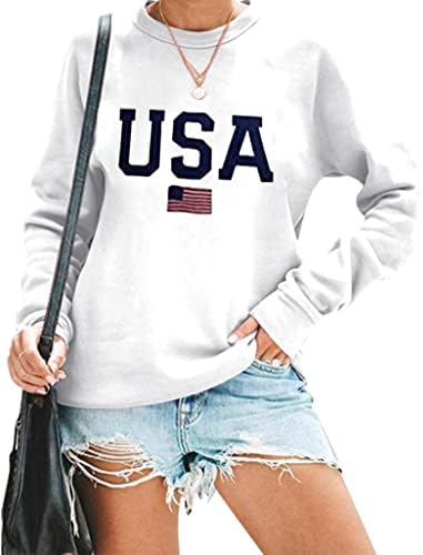 Ориентален бисер женски екипаж, џемпер на екипажот во САД, знаме, печати долг ракав лабав моден пуловер врвен врв
