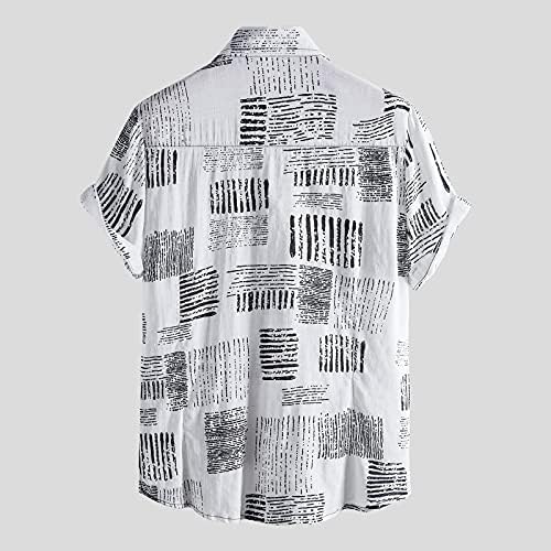 Копче за кратки ракави за бели маички надолу кошули летни машки случајни хавајски кошула за печатење, вртејќи ја јака врвови блузи