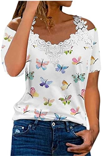 Надвор од рамената блуза тинејџерски девојки есен летен краток ракав против чипка од вратот памук обичен врвен маица за жени та та та