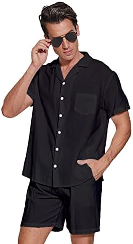 NHICDNS Мажов ленен кошула Хаваин 2 парчиња облека Кратки обични хипи одмори за одмори од кошула со шорцеви модни облеки црна xl…