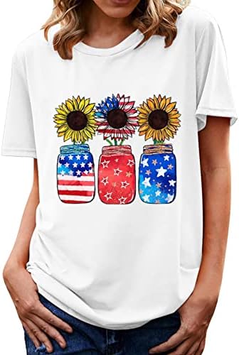 Лабава вклопена врвна маичка, жени со кратки ракави, памук екипа на американско знаме Сонк на сончоглед Цветна одмор обична блуза БЗ