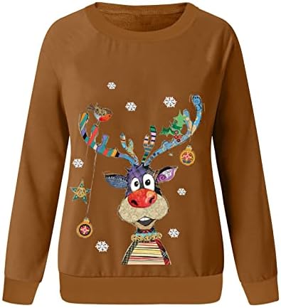 Среќна божиќна маица за жени Гноми печати со екипаж со долги ракави пулвер, обични зимски џемпери облека