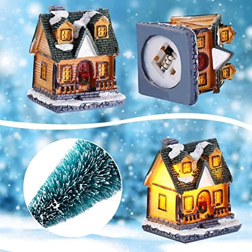 Саусин Божиќни зимски селски куќи мини разновидни борови Божиќни дрвја поставени осветлени предводени минијатурни смола шише четка снежни