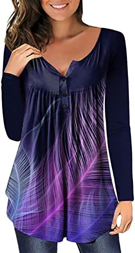 Модни женски V вратот печатени копчиња со долги ракави асиметрични врвни женски маици со краток ракав
